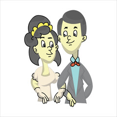 Vector illustration of a bride and groom standing together. The groom wears a grey suit and the bride wears a cream wedding dress. Romantic wedding concept