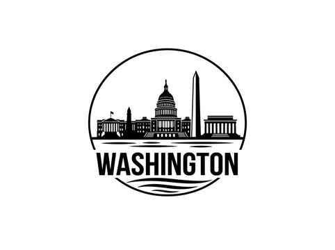 Washington city skyline emblem with landmarks and bold city text
