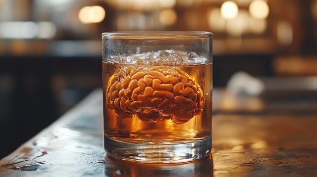 A sophisticated drink featuring a chilled glass of whiskey with an ice cube sculpted into the shape of a human brain. Evokes contemplation and perhaps a touch of surrealism.