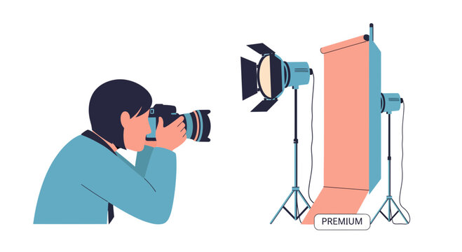 Dynamic illustration of a photographer in action with professional studio lighting setup, perfect for creative projects and media design, originally a scalable graphic