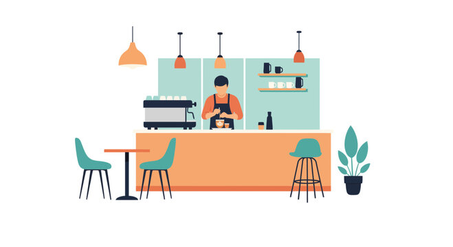 Stylish coffee shop scene with barista preparing espresso, inviting atmosphere for cafe business, originally vector art, scalable for branding needs