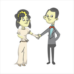 Full-body illustration of a bride and groom looking at each other and holding hands. Wedding love and romance concept