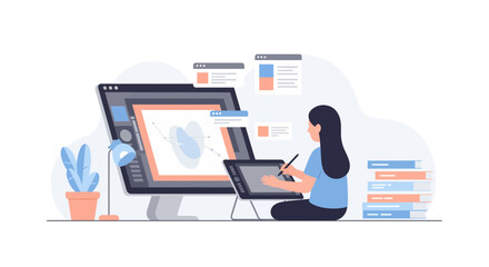 Creative woman working on graphic design project using tablet and computer, bringing innovative ideas to life with modern digital tools and artistic skill