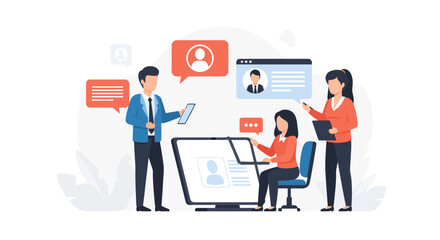 Modern team collaborating on social media strategy with digital profiles, sharing feedback and ideas for enhanced online presence and engagement