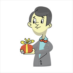Cartoon groom in a suit holding a wrapped gift box, ready to give a present to his bride. Wedding gift concept