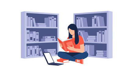 Engrossed student reading a book in cozy library setting with laptop nearby offering modern flexibility for study, knowledge, and academic success