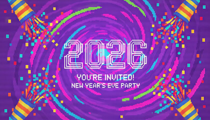 A 2026 invitation party flyer digital glitch text neon confetti swirl pixel art style purple background vibrant celebration festive fireworks retro arcade vibe new year banner event poster design