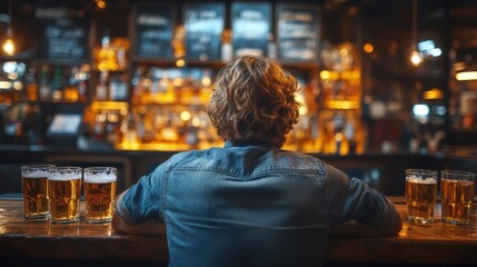 A man with curly hair sits at a bar, observing drinks, creating a relaxed and contemplative scene.