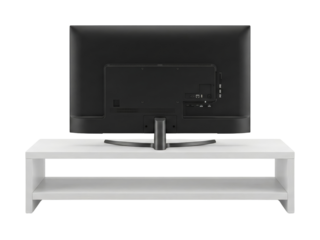 Sleek modern television on a white stand with isolated transparent background, showcasing clean