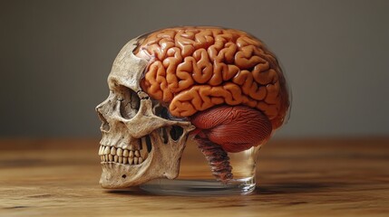 A detailed image of a human skull with an exposed brain cavity, resting on a weathered wooden surface. Evokes themes of mortality, neuroscience, and introspection.