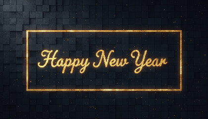 A happy new year golden text glitter frame dark background festive sparkle holiday greeting celebration card elegant design neon glow modern style joyful happy new year golden text with glitter