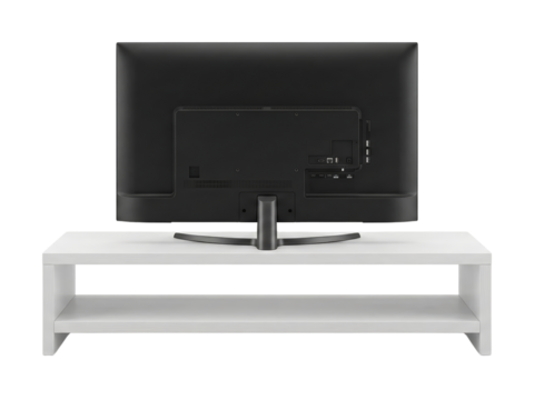 Sleek modern television on a white stand with isolated transparent background, showcasing clean