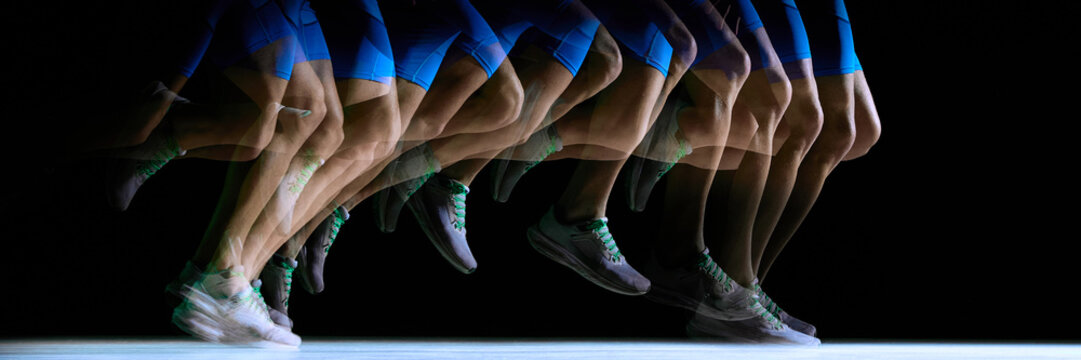 Multi-exposure sequence of athlete legs in sprint cycle. Concept of biomechanical analysis, running technique education, sports science visuals, treadmill software animations.