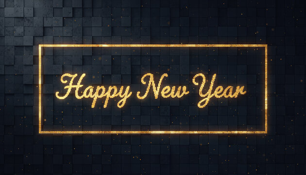 A happy new year golden text glitter frame dark background festive sparkle holiday greeting celebration card elegant design neon glow modern style joyful happy new year golden text with glitter
