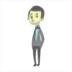 Full-body vector illustration of a groom standing with a shy or neutral expression, wearing a grey suit and red bow tie