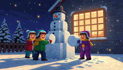 A cheerful kids building snowman winter night yard scene cozy house window glow pixel art style festive holiday mood fresh snow playful teamwork warm clothing snowfall sparkle family fun