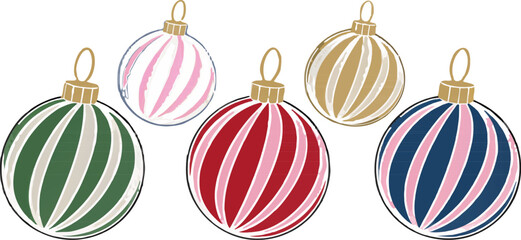 Collection of hanging Christmas balls, elegant holiday ornaments vector ideal for New Year celebrations, banners, and festive decoration projects.