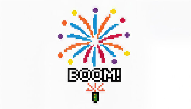 A pixel firework burst colorful confetti sparkler celebration boom word art festive retro 8 bit graphic white background joy playful party vibe
