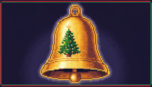 A golden bell pixel art christmas tree festive holiday ornament shiny vintage retro decoration glow softly in dark background, warm and joyful mood enrich cheerful winter spirit with classic charm