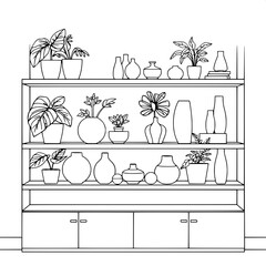 Clean symmetrical black-line drawing of a modern shelf with crisp lines and geometric shapes filled with various greenery such as monstera leaves and ferns and interior décor items like ceramic vases 