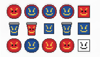 A pixel face emoji icon pattern red blue yellow white square circle delight playful retro mood in seamles grid design with cup and cheerful expression for holiday fun and christma character vibes