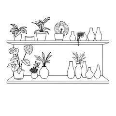 Clean symmetrical black-line drawing of a modern shelf with crisp lines and geometric shapes filled with various greenery such as monstera leaves and ferns and interior décor items like ceramic vases 