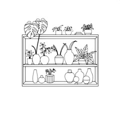 Clean symmetrical black-line drawing of a modern shelf with crisp lines and geometric shapes filled with various greenery such as monstera leaves and ferns and interior décor items like ceramic vases 