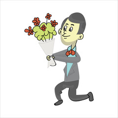 Vector illustration of a romantic groom in a grey suit kneeling down to propose, offering a bouquet of red flowers. Wedding proposal concept