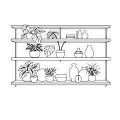 Clean symmetrical black-line drawing of a modern shelf with crisp lines and geometric shapes filled with various greenery such as monstera leaves and ferns and interior décor items like ceramic vases 