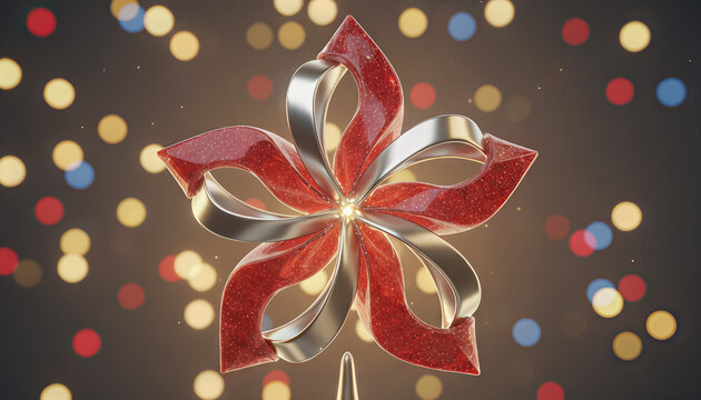 A red ribbon star gold ribbon glitter ornament holiday decoration bokeh lights festive background shiny metallic christmas theme elegant design winter season - Powered by Adobe