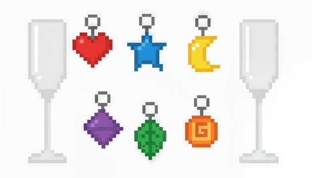 A pixel art wine charm set heart star moon diamond leaf spiral bright color glass minimal festive party celebration joy holiday retro 8 bit icon ornament charm