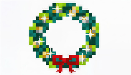 A pixel wreath green squares red bow festive decor holiday ornament christmas wreath geometric design bright lights white background modern style filled with joyful charm and cozy cheer
