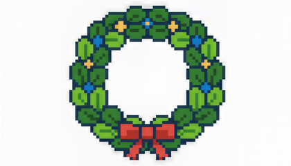 A pixel wreath holiday wreath green leaves red bow blue berries yellow stars pixel art retro style festive decoration winter holiday