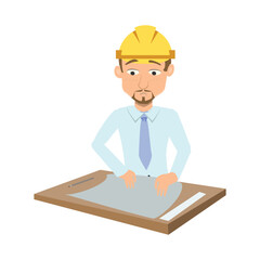 Construction professional examining detailed blueprint drawings spread out on a table. Project review concept