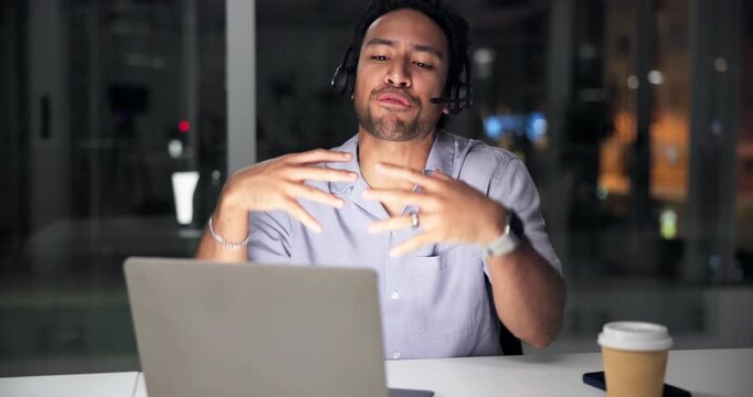 Call center, man and stress with laptop at night for tech support, difficult client or software issue. Frustrated, agent or chat to international customer for network resolution or wrong instructions