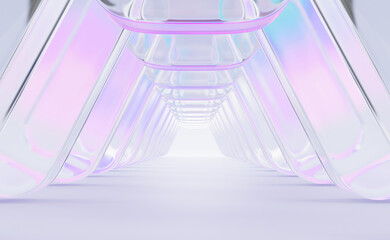 Fototapeta premium Abstract glass architecture 3d background. Pastel light corridor with transparent columns, pink blue purple holographic gradient. Hallway room interior, futuristic tunnel perspective. 3D illustration
