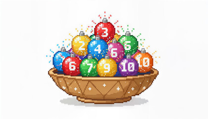 A festive pixel art colorful ornament numbered bauble holiday decoration retro style bowl display sparkling confetti bright color cheerful vibe winter theme. festive pixel art bowl of colorful
