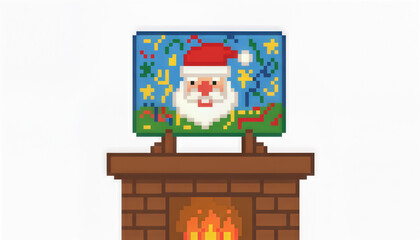A christmas pixel art santa fireplace winter holiday festive warm cozy decoration retro cheerful pixel art santa above brick fireplace with glowing fire, colorful confetti, stars, and ribbon