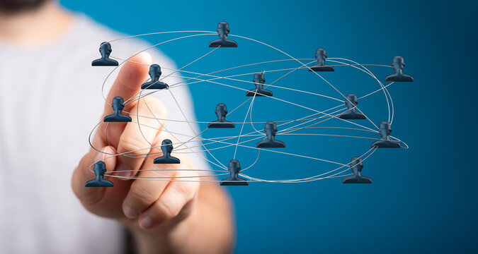 Hand pointing at a digital network showing connectivity. Representing technology, connections, and communication. Global communication concepts. - Powered by Adobe