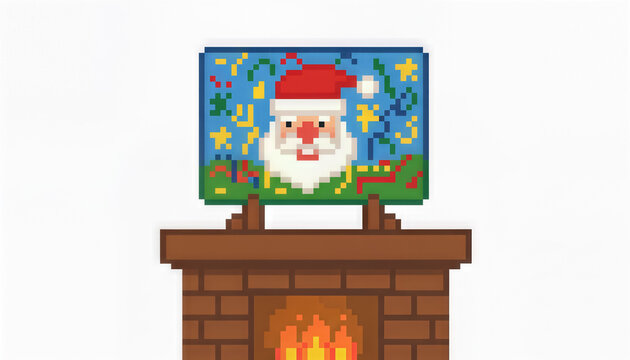 A christmas pixel art santa fireplace winter holiday festive warm cozy decoration retro cheerful pixel art santa above brick fireplace with glowing fire, colorful confetti, stars, and ribbon - Powered by Adobe