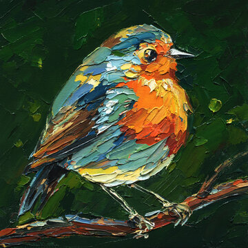 Colorful robin bird impasto oil palette knife painting on deep green forest background