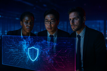 Cybersecurity team analyzing data on glowing protection shield interface.