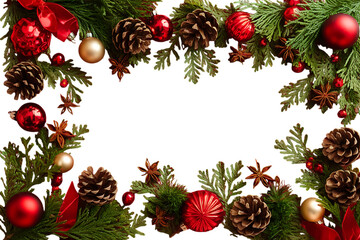 Festive Christmas Frame Featuring Red Ornaments, Pine Cones, Green Foliage, and Delicate Star Anise Accents on a Bright White Background.
