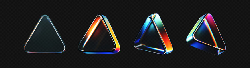 Realistic 3D glass triangle icons set with neon gradient, holographic prism effect and liquid glass texture. Futuristic geometric object for digital design, media interface, music and tech background