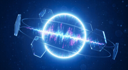 Futuristic digital abstract blue background with glowing light bulb, energy graph, and dynamic lines of science and technology