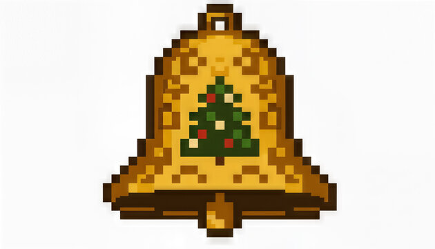 A golden bell pixel art christmas icon retro tree festive holiday ornament vintage - Powered by Adobe
