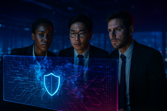 Cybersecurity team analyzing data on glowing protection shield interface.