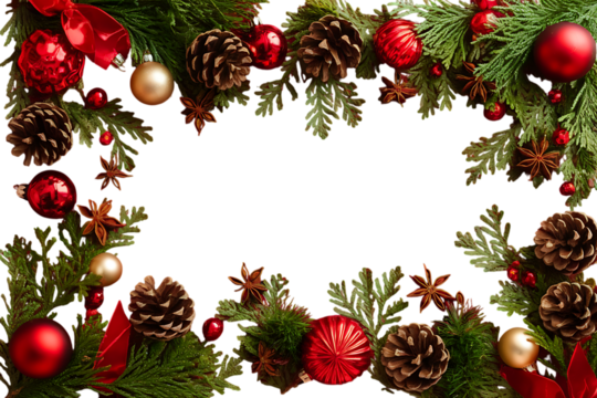 Festive Christmas Frame Featuring Red Ornaments, Pine Cones, Green Foliage, and Delicate Star Anise Accents on a Bright White Background. - Powered by Adobe