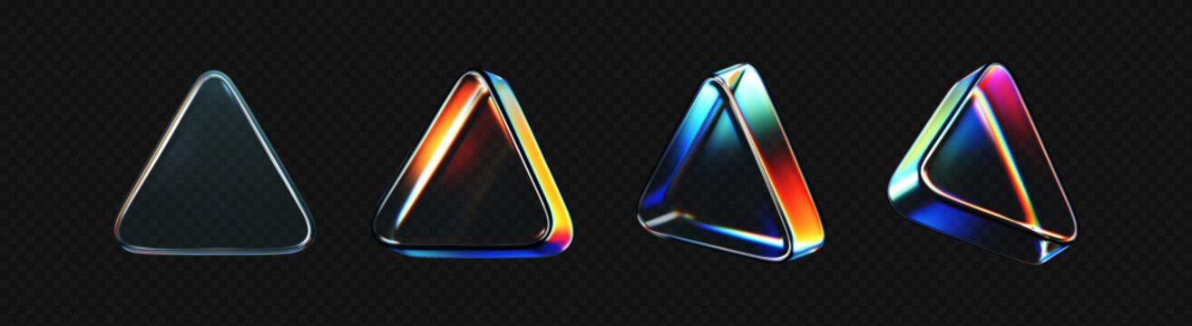 Realistic 3D glass triangle icons set with neon gradient, holographic prism effect and liquid glass texture. Futuristic geometric object for digital design, media interface, music and tech background