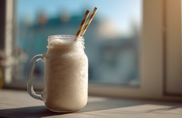 Frosty smoothie in mason jar by sunny window